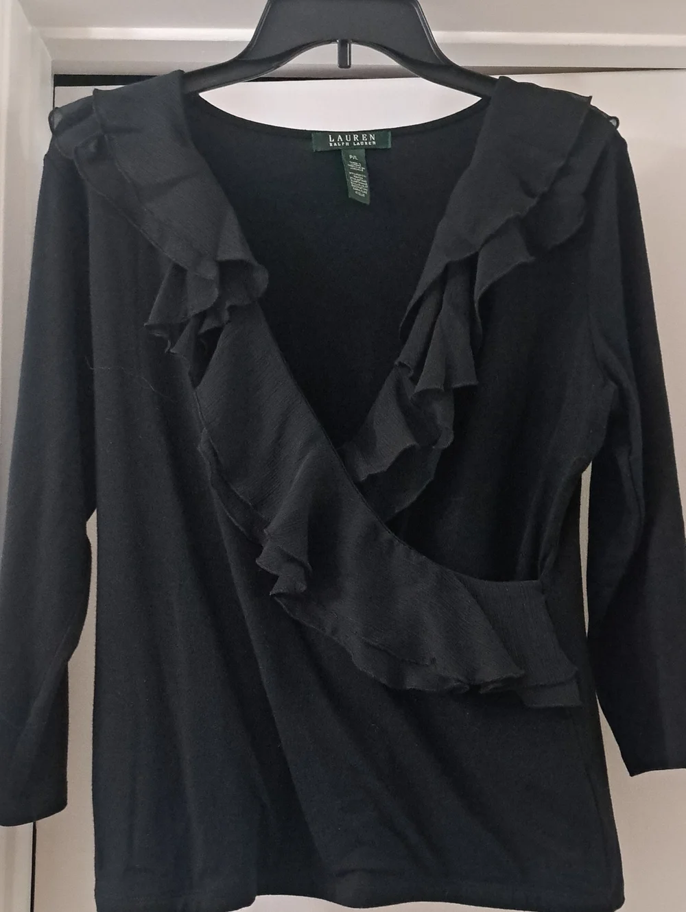 Ralph Lauren Black Knit Rayon /Elastane Top W/Ruffles SzPL LNWOT
